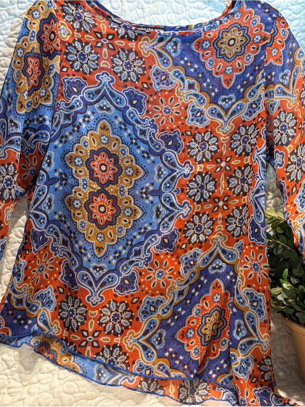 Boho Paisley Print Sheer Blouse - Orange & Blue